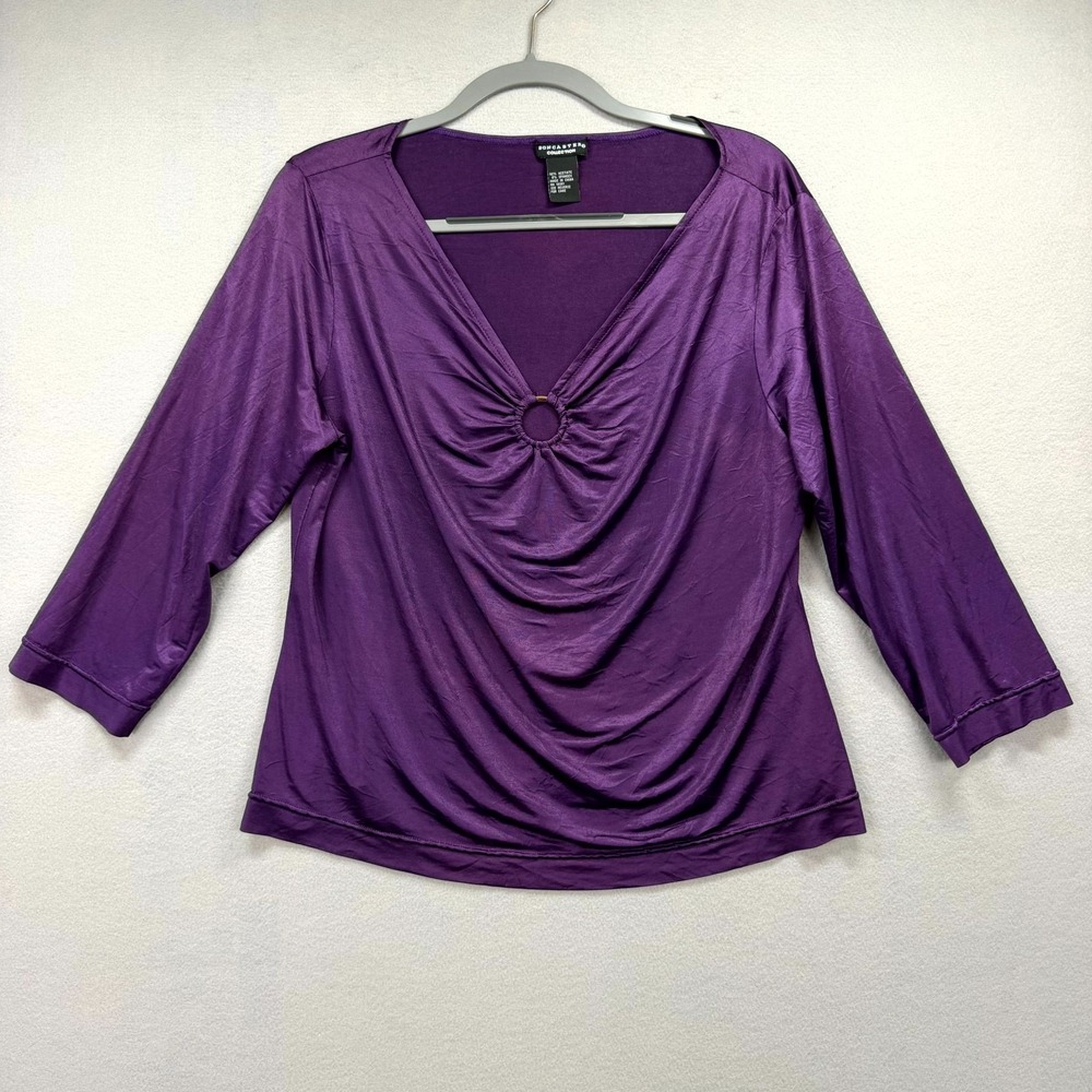 Doncaster Collection Blouse Top Womens Purple‎ Stretch Ring Keyhole Front V-Neck